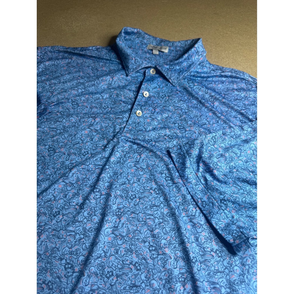 Peter Millar Summer Comfort Polo Shirt Mens XL Blue Guitar Print Bandon Trails